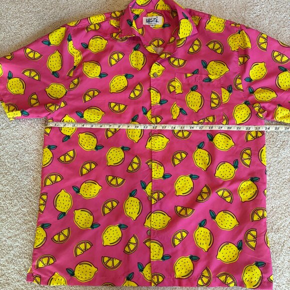 Uzzi Pink with Yellow Lemons Hawaiian Short-sleeve Shirt Top Medium - Picture 8 of 10